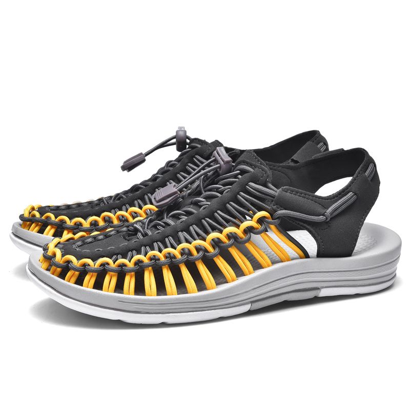 Summer Sandals Men Shoes EUR Size 35-48 Fashion Handmade Weaving Couples Gladiator Sandals Soft Non-slip Casual Beach Flat Sandals Grey Yellow