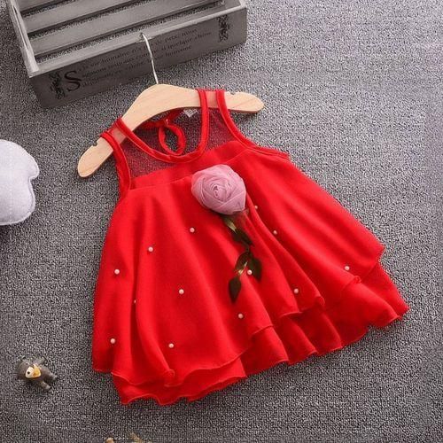 Girl Mesh Skirt Sleeveless Beaded Princess Dress - Red