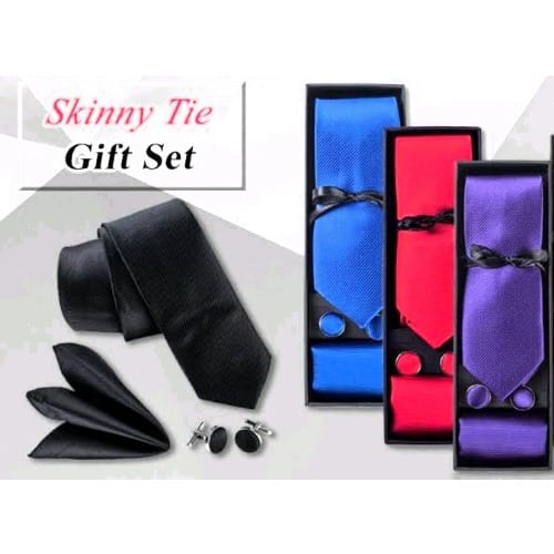 Set Of 4 Silk Long Ties Pocket Square And Cufflinks - Black, Blue Red, Purple