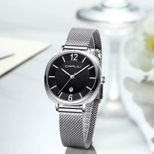 Crrju - Women Wristwatch - Silver & Black