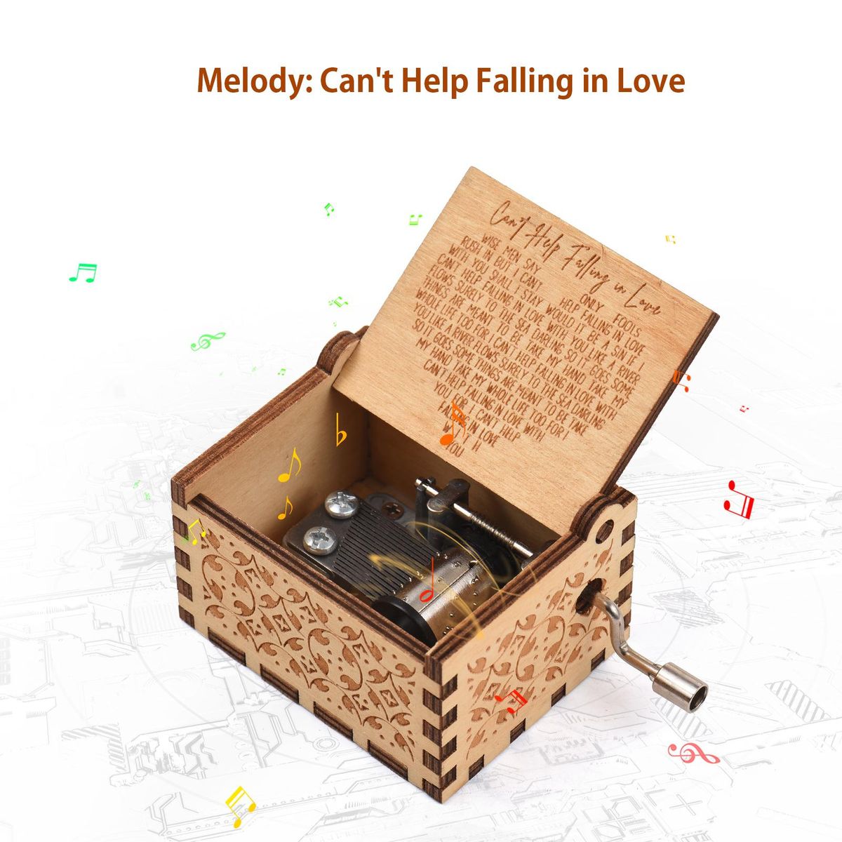 Vintage Wooden Music Box Palm-size Hand Crank Wood Case Musicbox Beautiful Carved Wooden Musical Gadget with Melody Can't Help Falling in Love for Wife Husband Valentine's Day Christmas Birthday Gift