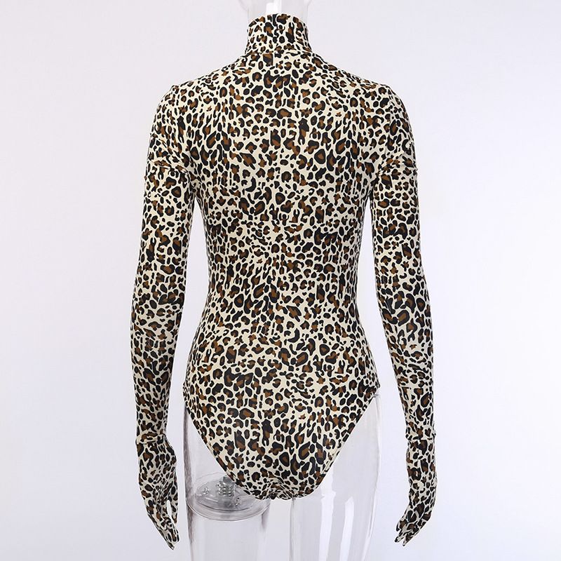Cheetah Leopard Bodysuit For Women   Body Suit Turtleneck Gloves+Long Sleeve Playsuit Printed Romper Jumpsuits-MULTI