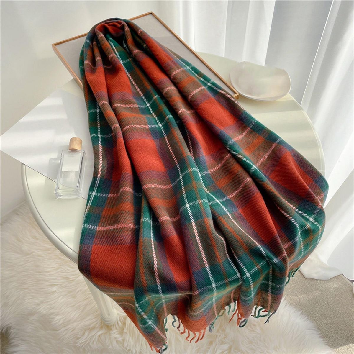 Women Scarf Women Winter Plaid Print Long Warm Shawl Orange