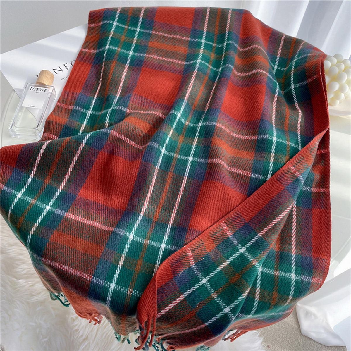 Women Scarf Women Winter Plaid Print Long Warm Shawl Orange