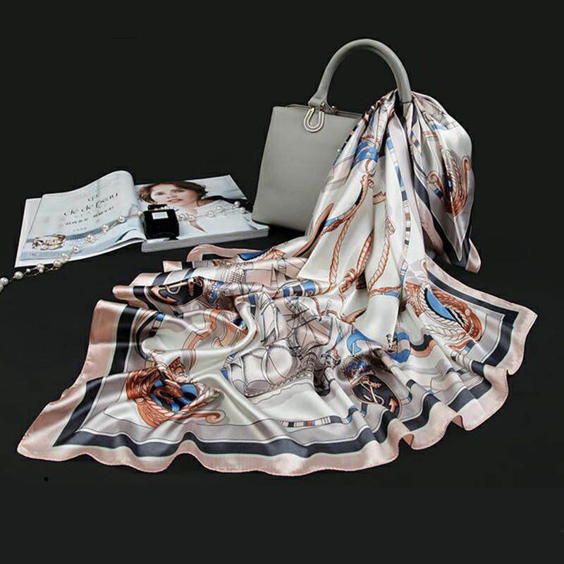 Head Silk Scarf Women Luxury Designer Shawl Bandana Female Satin Print Foulard 90x90cm Large Square Scarves Muslim Hijab(#23)(90 X 90 CM) GAO