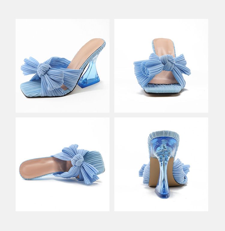Shaped Heel Silk Sandals New Large Heel Sandals-Light Blue