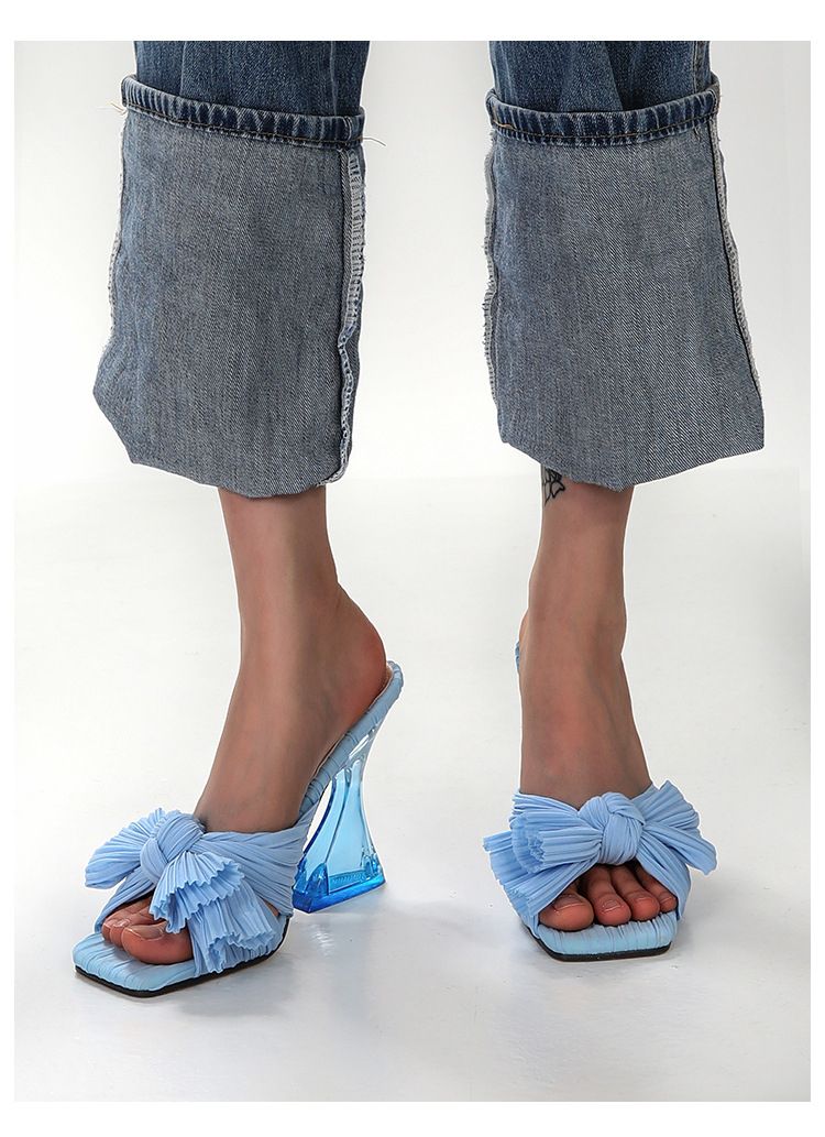 Shaped Heel Silk Sandals New Large Heel Sandals-Light Blue