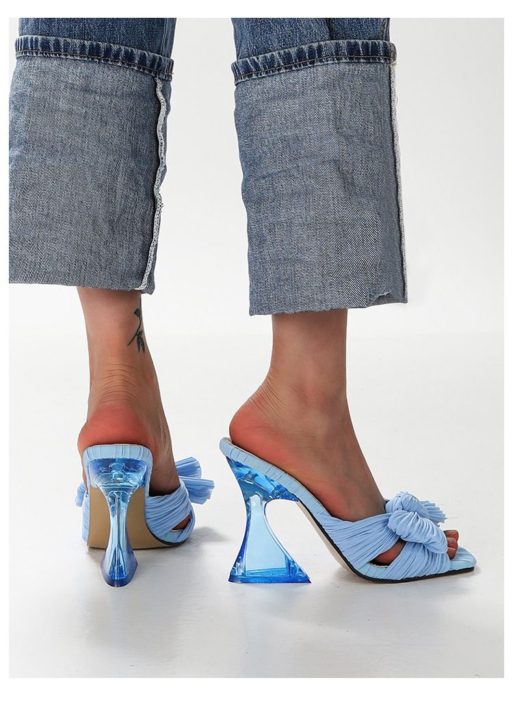 Shaped Heel Silk Sandals New Large Heel Sandals-Light Blue