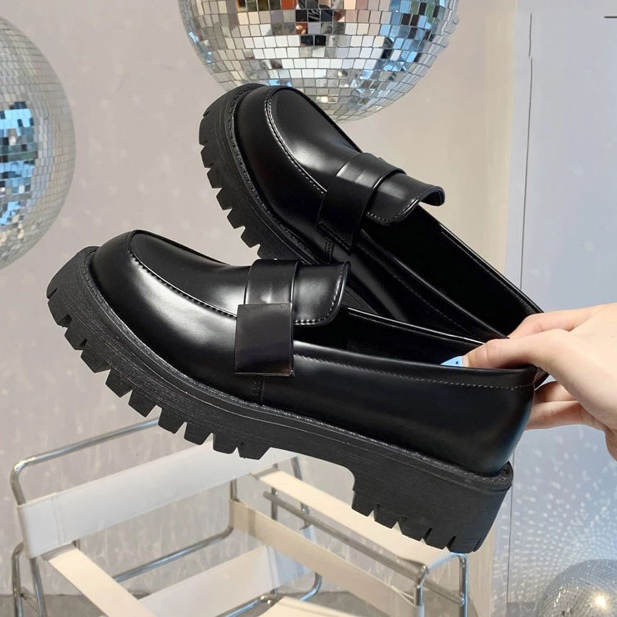 (black)2023  New Boussac Black Punk Platform Women Loafers Round Toe Chunky Heel Vintage Shoes JIN