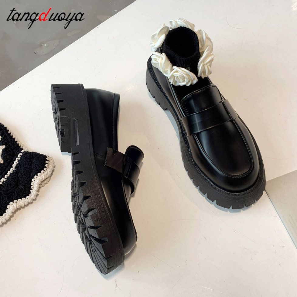 (black)2023  New Boussac Black Punk Platform Women Loafers Round Toe Chunky Heel Vintage Shoes JIN