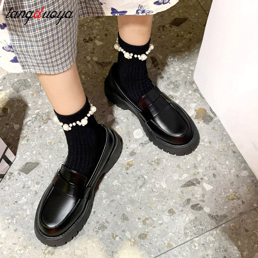 (black)2023  New Boussac Black Punk Platform Women Loafers Round Toe Chunky Heel Vintage Shoes JIN