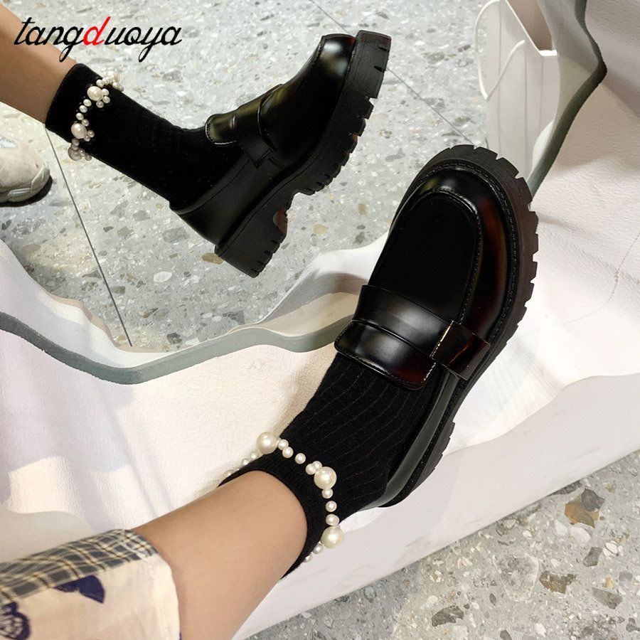 (black)2023  New Boussac Black Punk Platform Women Loafers Round Toe Chunky Heel Vintage Shoes JIN