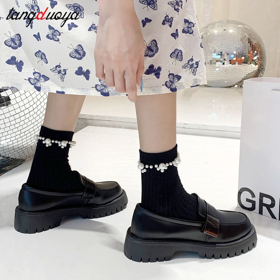 (black)2023  New Boussac Black Punk Platform Women Loafers Round Toe Chunky Heel Vintage Shoes JIN