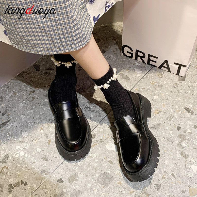 (black)2023  New Boussac Black Punk Platform Women Loafers Round Toe Chunky Heel Vintage Shoes JIN