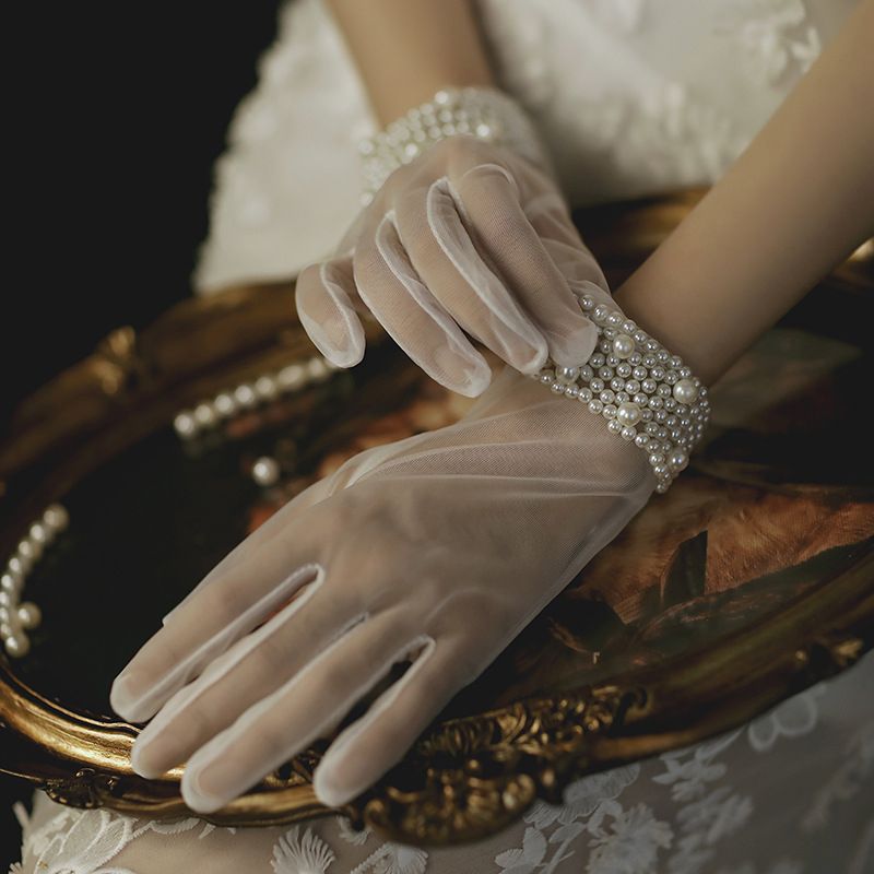 Janevini Pearls Short Bridal Gloves Full Finger Tulle Wrist