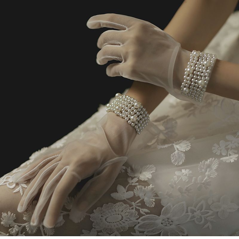 Janevini Pearls Short Bridal Gloves Full Finger Tulle Wrist