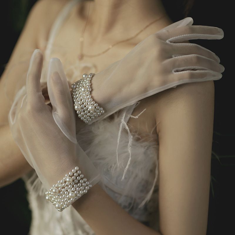 Janevini Pearls Short Bridal Gloves Full Finger Tulle Wrist