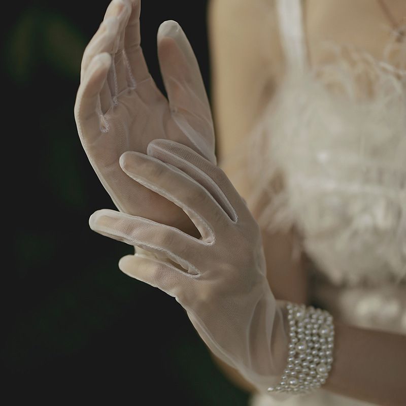 Janevini Pearls Short Bridal Gloves Full Finger Tulle Wrist