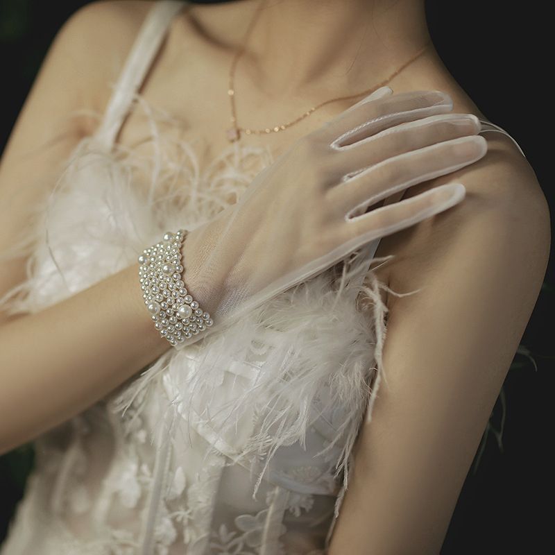 Janevini Pearls Short Bridal Gloves Full Finger Tulle Wrist