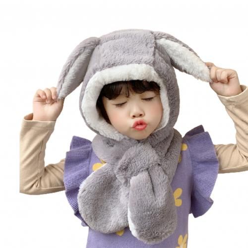 Hats Children Baby Boys Girls Autumn Winter Cute Rabbit Ear Plush Warm Hat Cap Neck Wrap Scarf-Grey