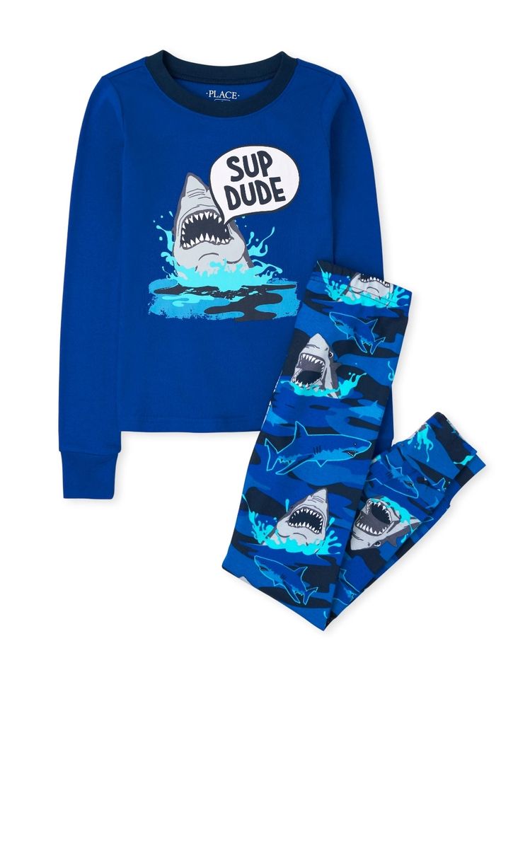Boys Sup Dude Shark Snug Fit Cotton Long Sleeve Pyjamas Sleepwear- Blue