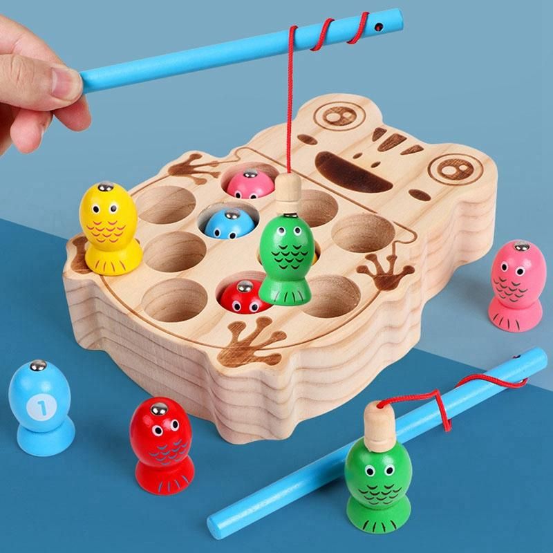 Magnetic Fishing Games Frog Base Baby Wooden Toys for