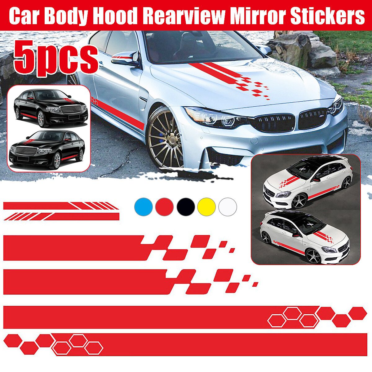 5pcs/Set Universal Car Side Body Stripe Sticker DIY Decal Trim Hood Rear View Mirror White