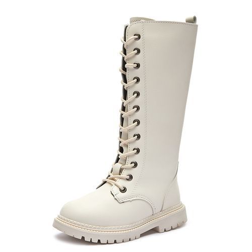 Girls Boots Fashion Children's Leather Long Boots-White