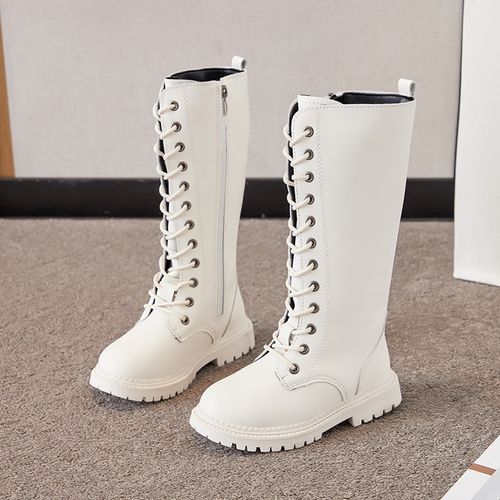 Girls Boots Fashion Children's Leather Long Boots-White