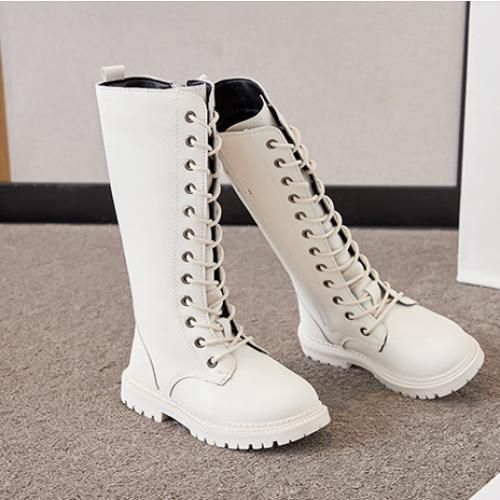 Girls Boots Fashion Children's Leather Long Boots-White