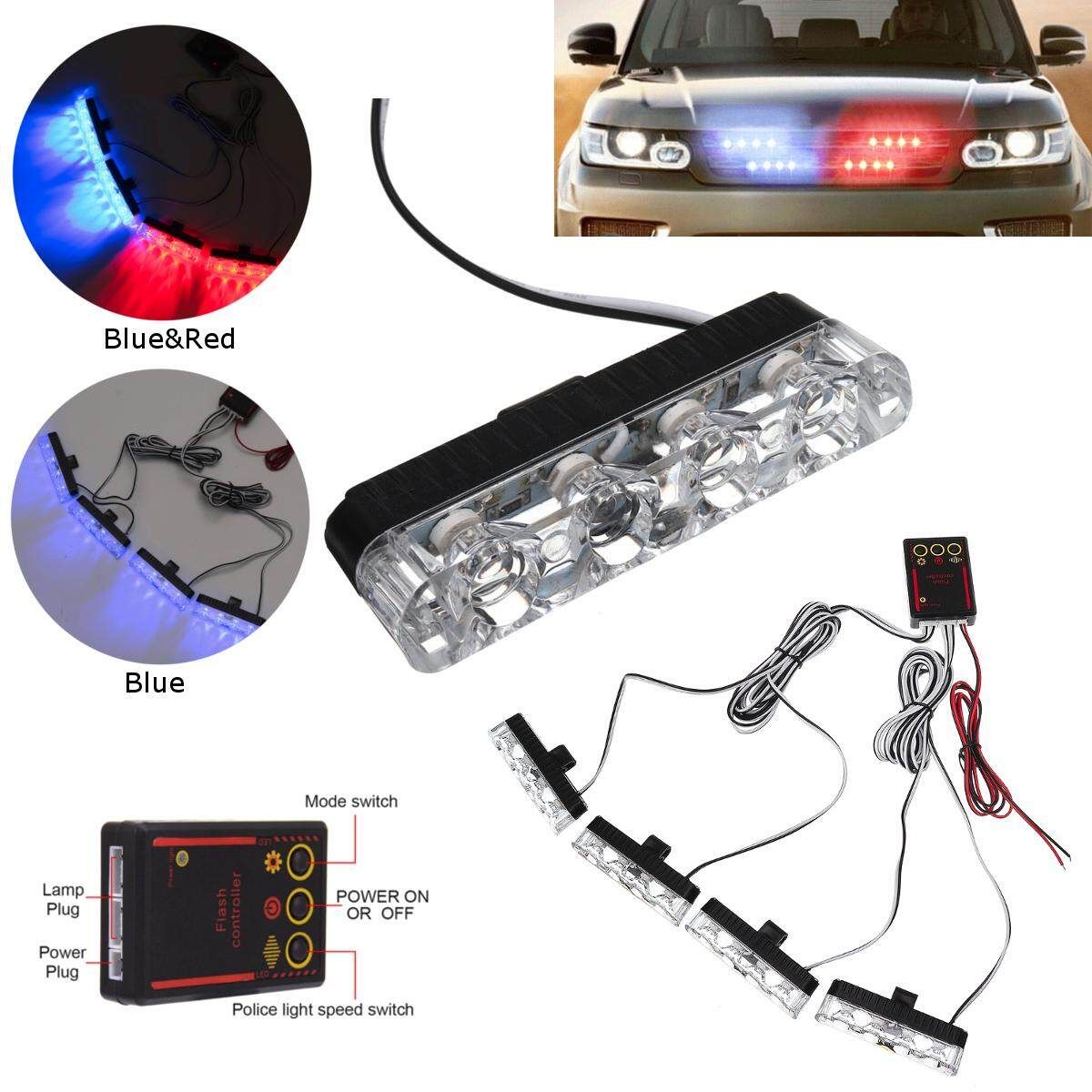 16 LED Car Emergency Strobe Light Bar Warning Flash Visor Dash Lighting Red Blue Light Blue Light
