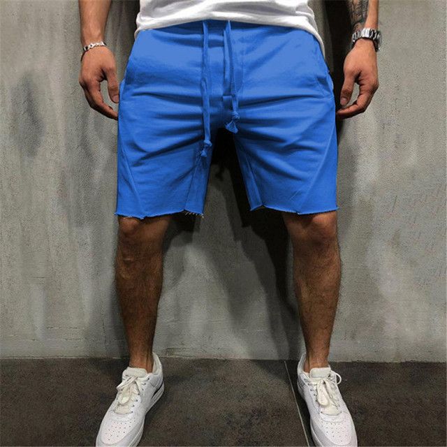 Men Cotton Loose Gym Fitness Shorts Bodybuilding Joer Raw-Edge Summer Short Pants Quick Dry Beach Board Sweatpants-sea Blue