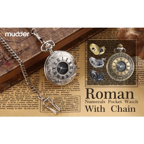 Vintage Roman Numerals Scale Quartz Pocket Watch With Chain