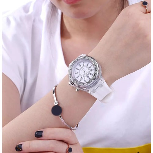 Luminous Led Light Rhinestone Unisex Watch- White