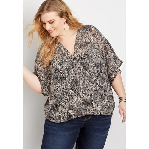 Sheer Snakeskin Wrap Front Short Sleeve Blouse
