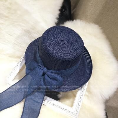（navy Blue）New Flat Sun Hat Women's Summer Bow Straw Hats For Women Beach Headwear 6Colors Chap RA