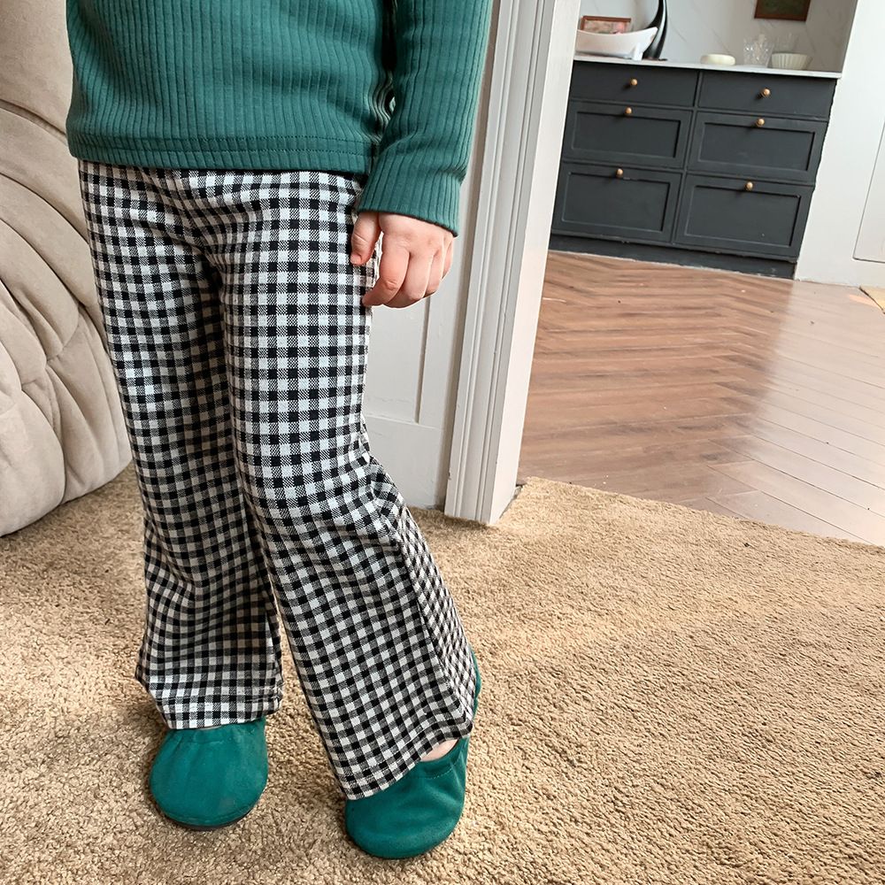 Cotton Kids Fashion Plaid Casual Girls Wide Leg Trousers -Black