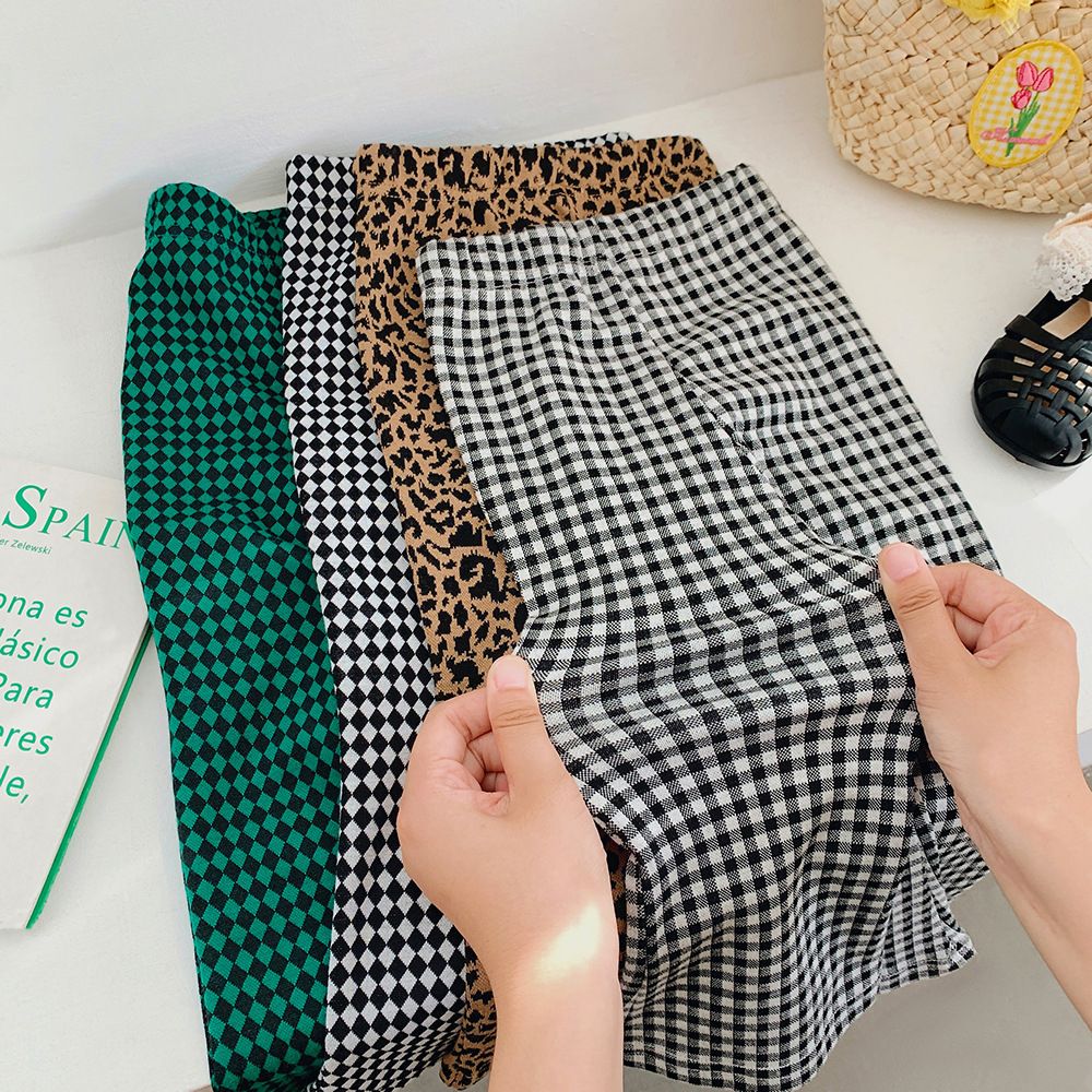 Cotton Kids Fashion Plaid Casual Girls Wide Leg Trousers -Black