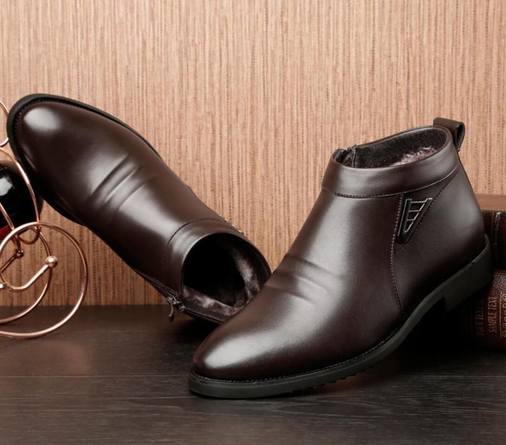 Business Chelsea Boots Mens Winter Warm Ankle Boots Men Leather Zipper Side Thick Artificial Fur Snow Boots Men Dress Shoes-brown