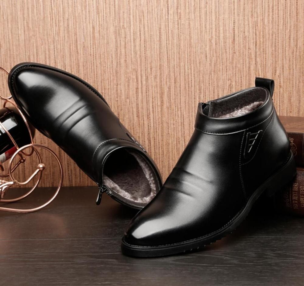 Business Chelsea Boots Mens Winter Warm Ankle Boots Men Leather Zipper Side Thick Artificial Fur Snow Boots Men Dress Shoes-brown
