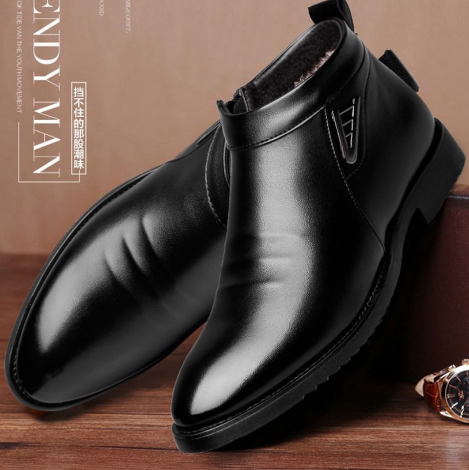 Business Chelsea Boots Mens Winter Warm Ankle Boots Men Leather Zipper Side Thick Artificial Fur Snow Boots Men Dress Shoes-brown