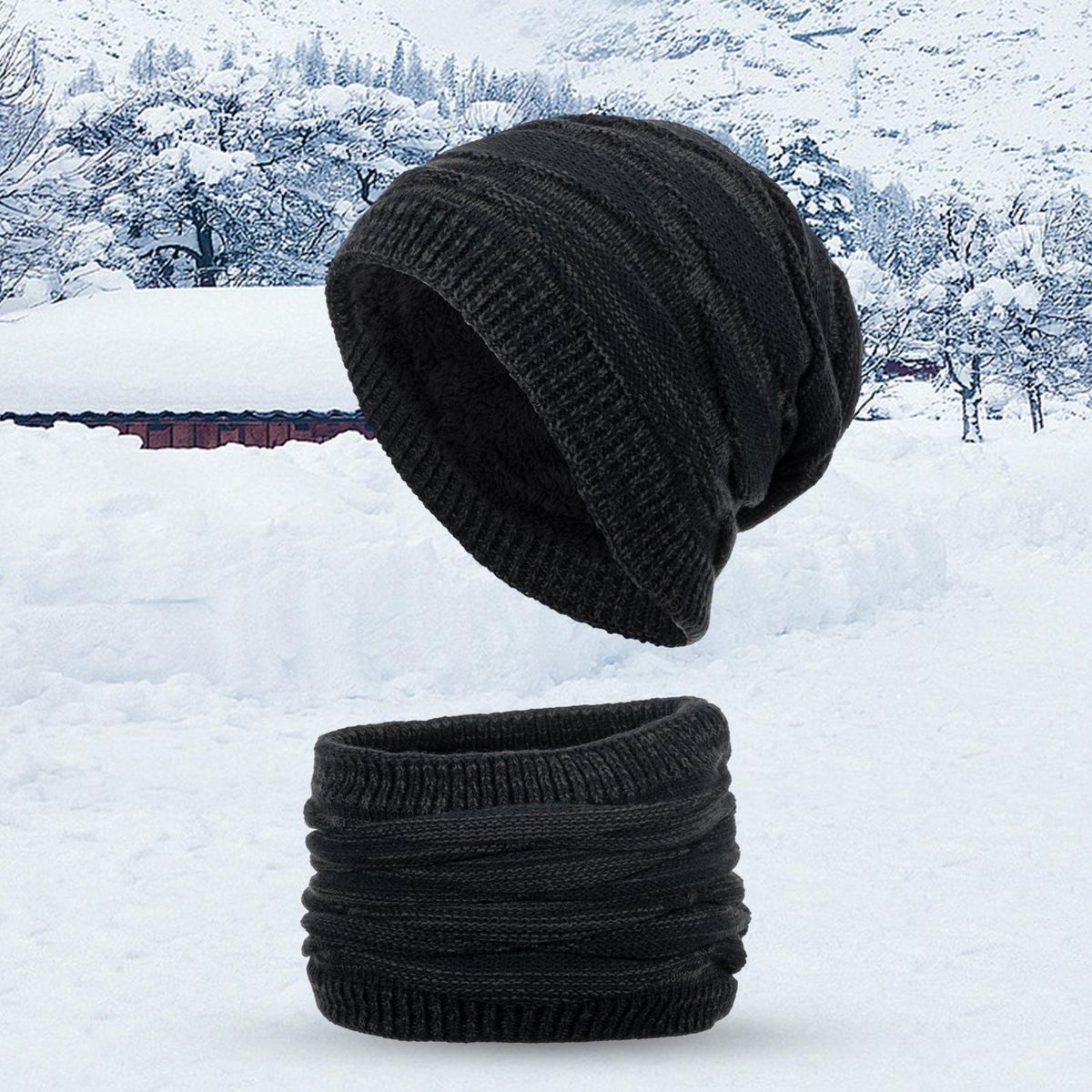 2PcsSet Men Hat Neck Warmer Windproof Winter Men Ladies Knit Skull Cap Scarf Kit Navy Blue