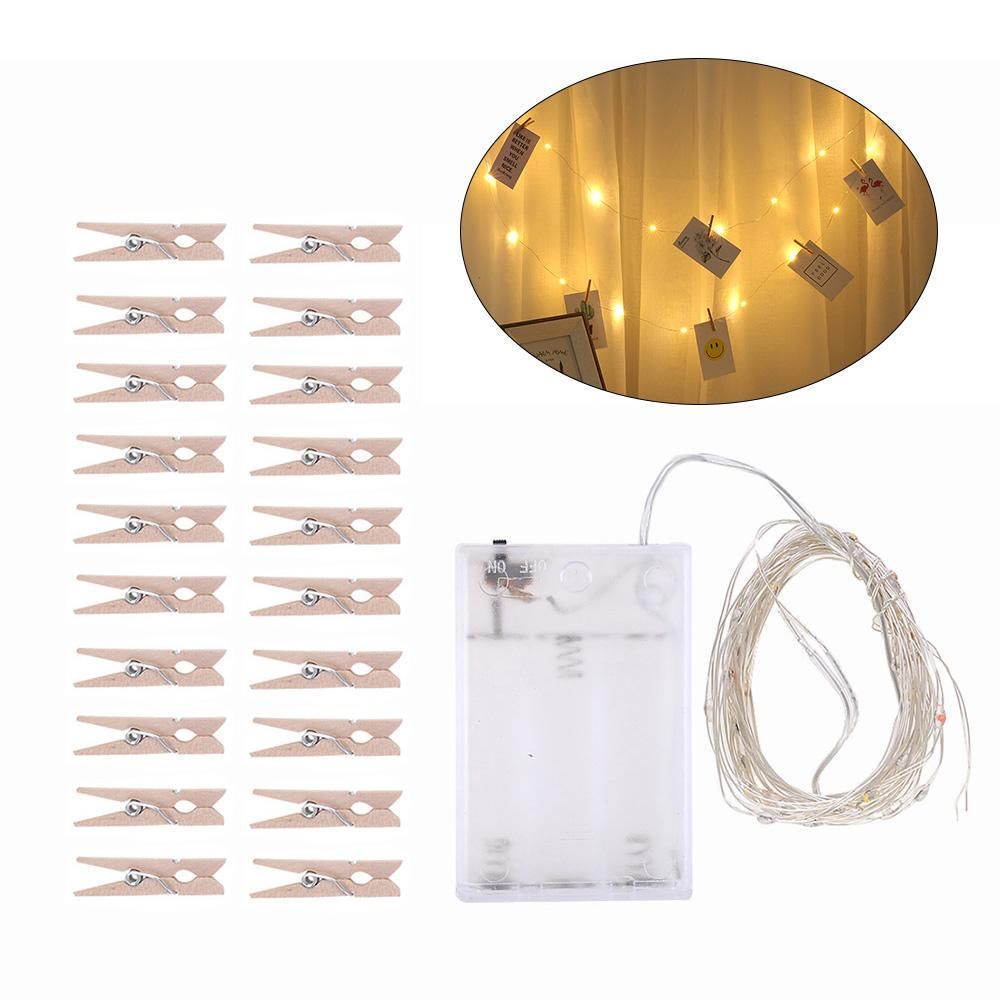2 Meters 20 LEDs Copper Wire Fairy String Light 3 * AA B-attery Powered Cell Opertaed with 20 Wooden Photos Pictures Clamp Clip Flexible Bendable Foldable Design Warm White for Home Party Daily Use DIY Decoration Christamas X