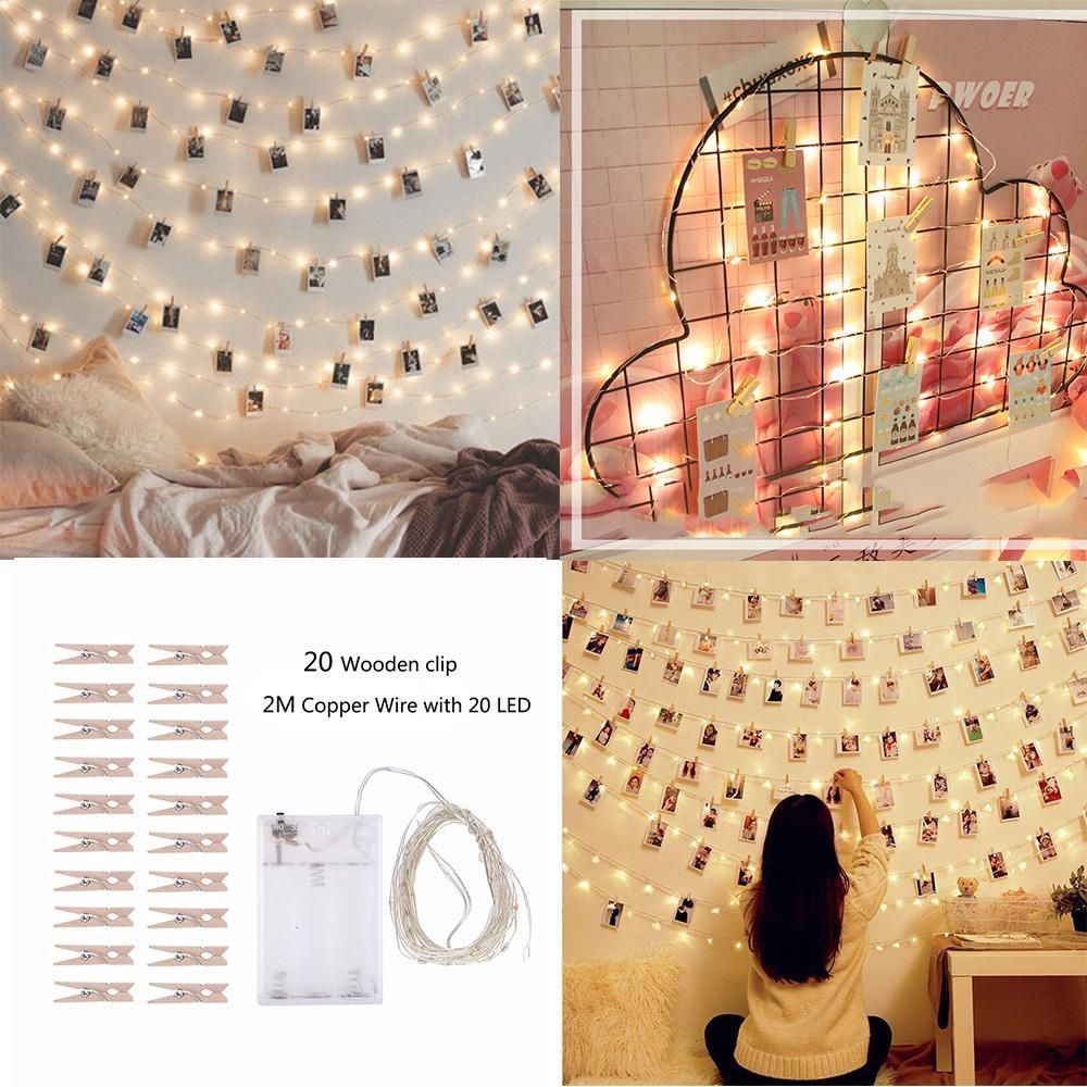 2 Meters 20 LEDs Copper Wire Fairy String Light 3 * AA B-attery Powered Cell Opertaed with 20 Wooden Photos Pictures Clamp Clip Flexible Bendable Foldable Design Warm White for Home Party Daily Use DIY Decoration Christamas X