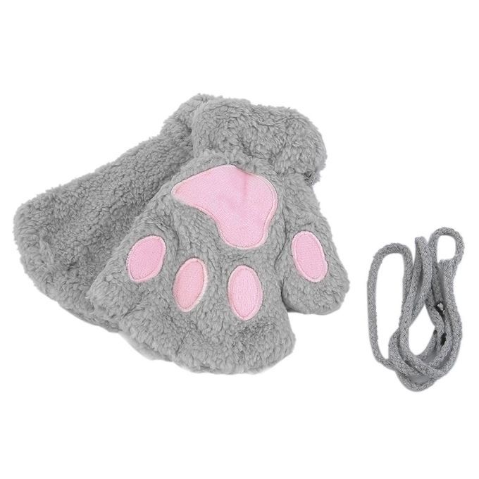 MT Sofe Women Winter Claw Gloves Fluffy Bear Paw Mittens Lady Half Finger Gloves-grey
