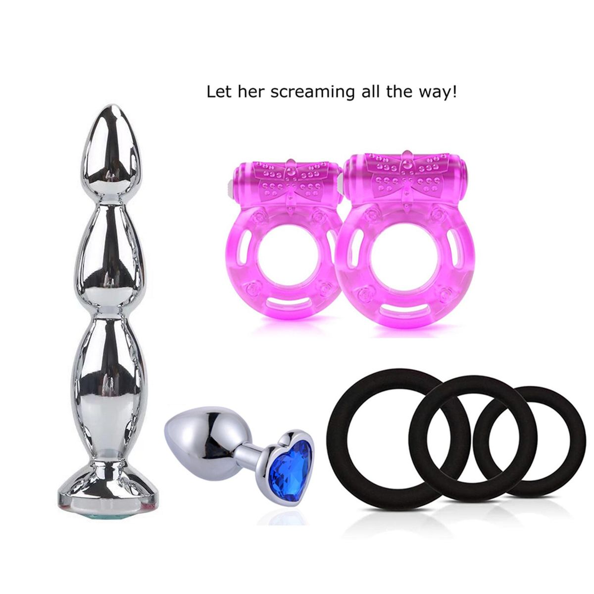 Long Plug Heart-shaped Plug Small Lock Rings Set Sexual Stimulation Toy for Couples