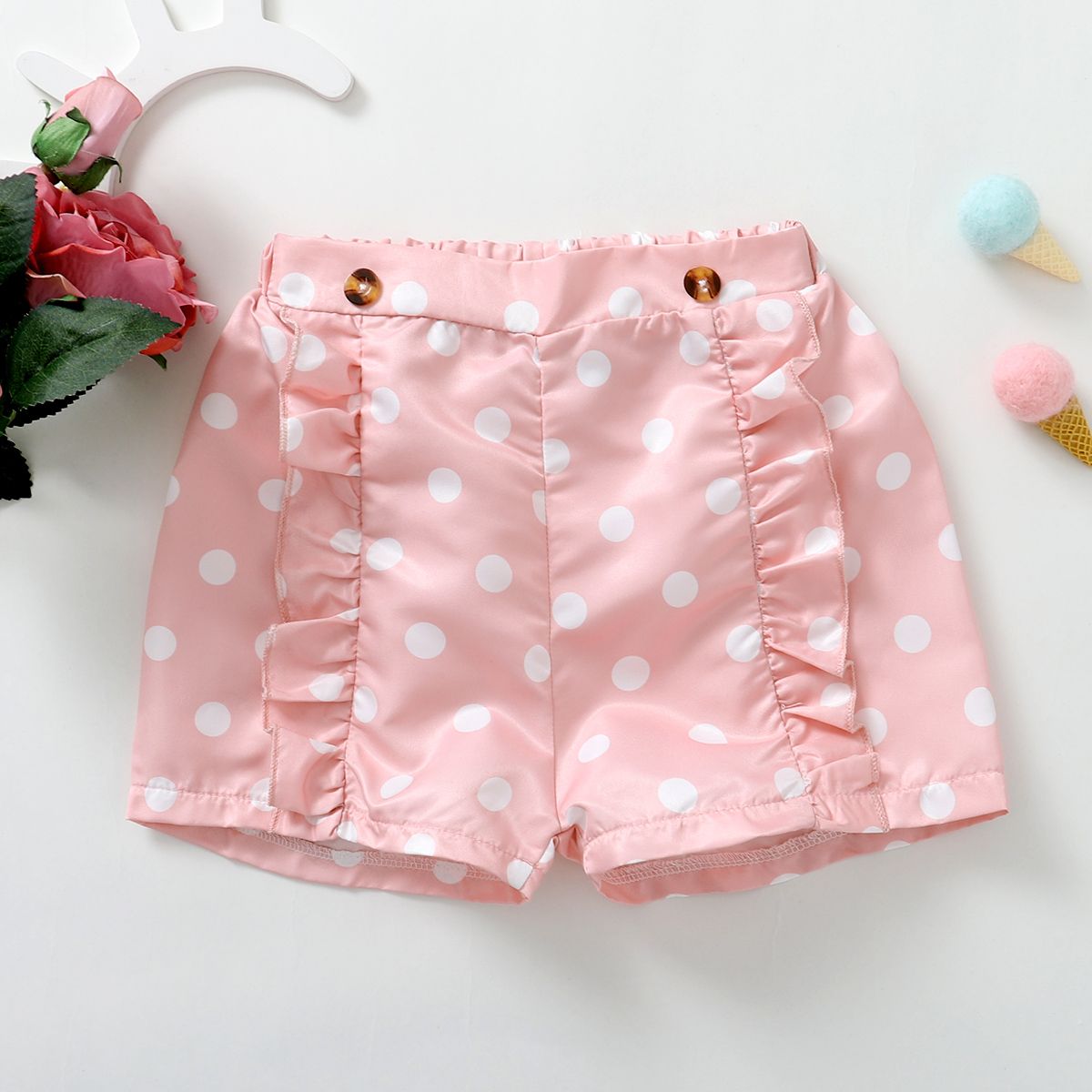 1-6Y Kid Girls Polka Dot Pink Shorts With Ruffle Frills