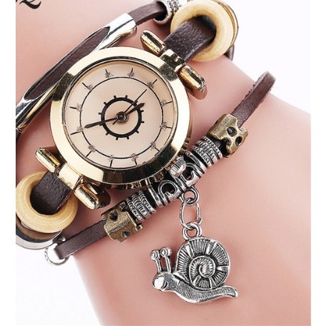 Snail Pendant Women Leather Bracelet Watch - Dark Coffee