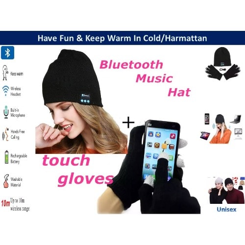 Wireless Bluetooth Music Hat With Earphone & Mic + Free Touch Gloves - Black