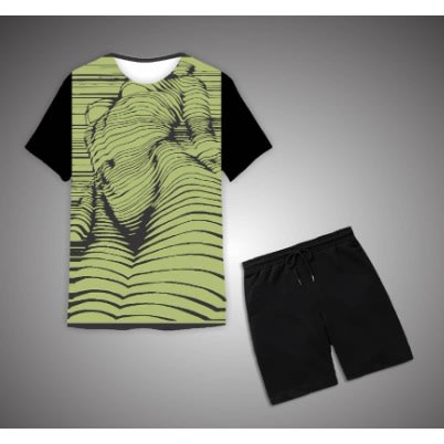 Round Neck Contour Design T-Shirt & Short - Green & Black
